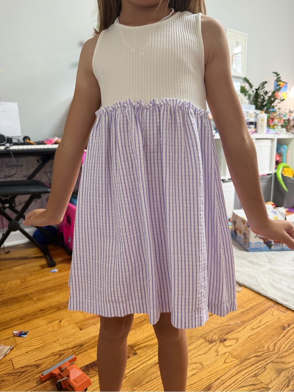 Zara White Ribbed Bodice with Lavender Stripe Skirt Dress